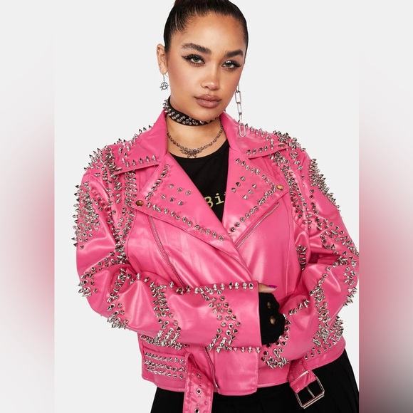 AZALEA WANG PINK SOFI STUDDED MOTO JACKET - Picture 1 of 16